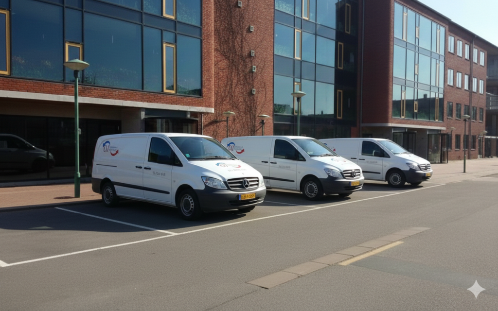 3 hvide varevogne der holder på en p-plads. De har alle logo på fra oj ventilation og Teknik. De holder foran en bygning